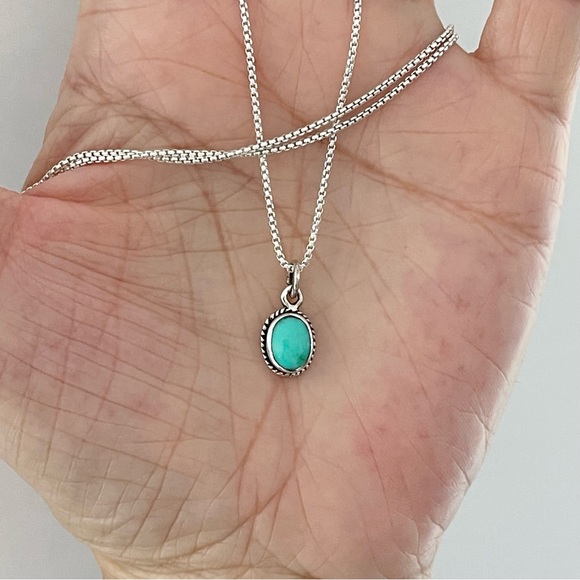 Sterling Silver Small Dainty Oval Synthetic Turquoise Necklace, Silver Necklace - Picture 4 of 10